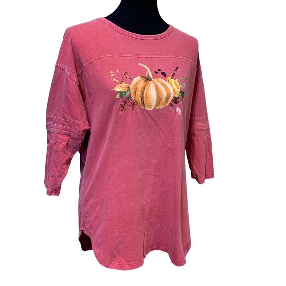 Hand Printed Medium Upcycled Pumpkin Autumn Fall Flower 3/4 Sleeve Rustic Tee - Picture 1 of 4